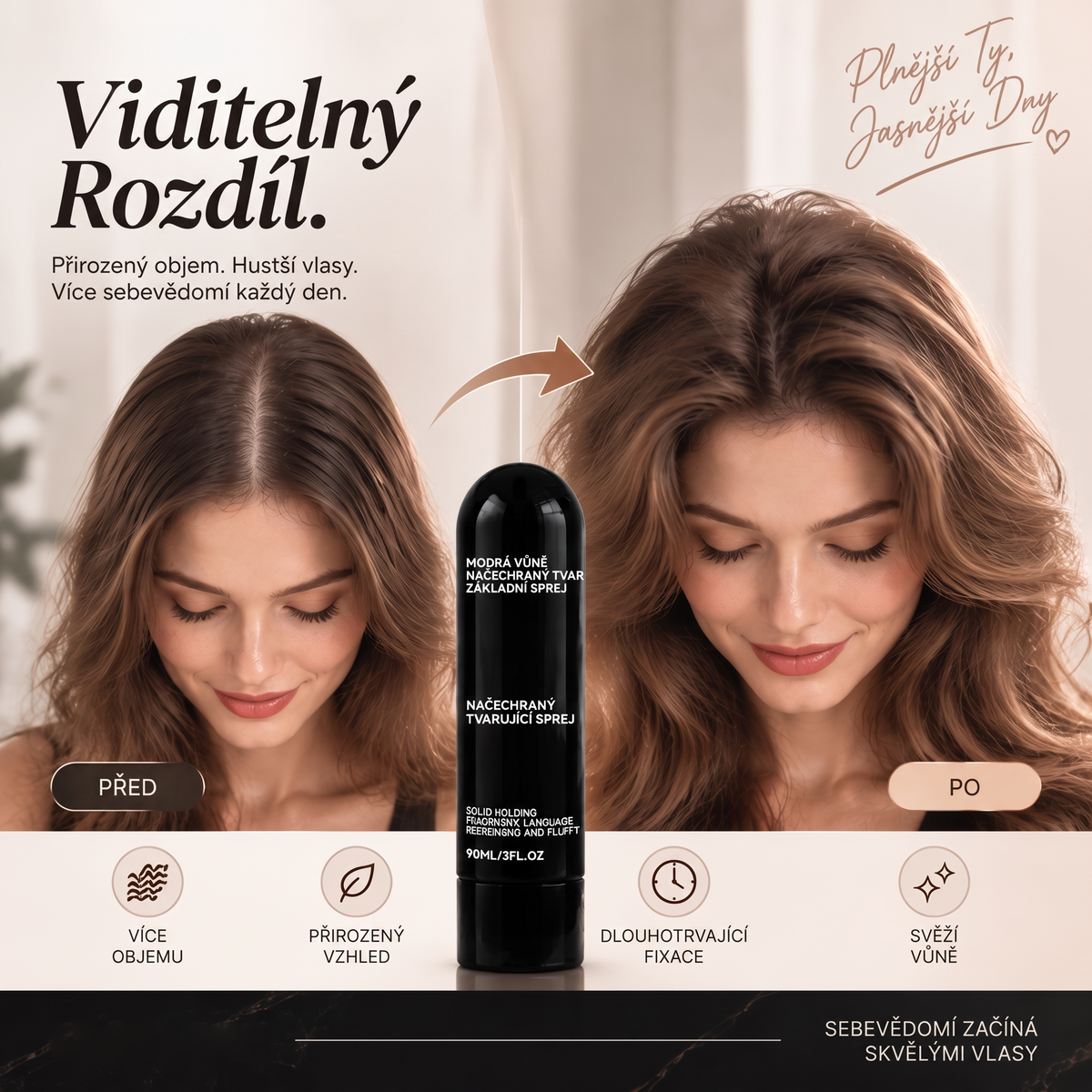 Vitalisys® Tvarovací sprej pro objem vlasů Fluffy Hair – Lehký sprej pro objem od kořínků a přirozený pohyb s broskvovou vůní 💖