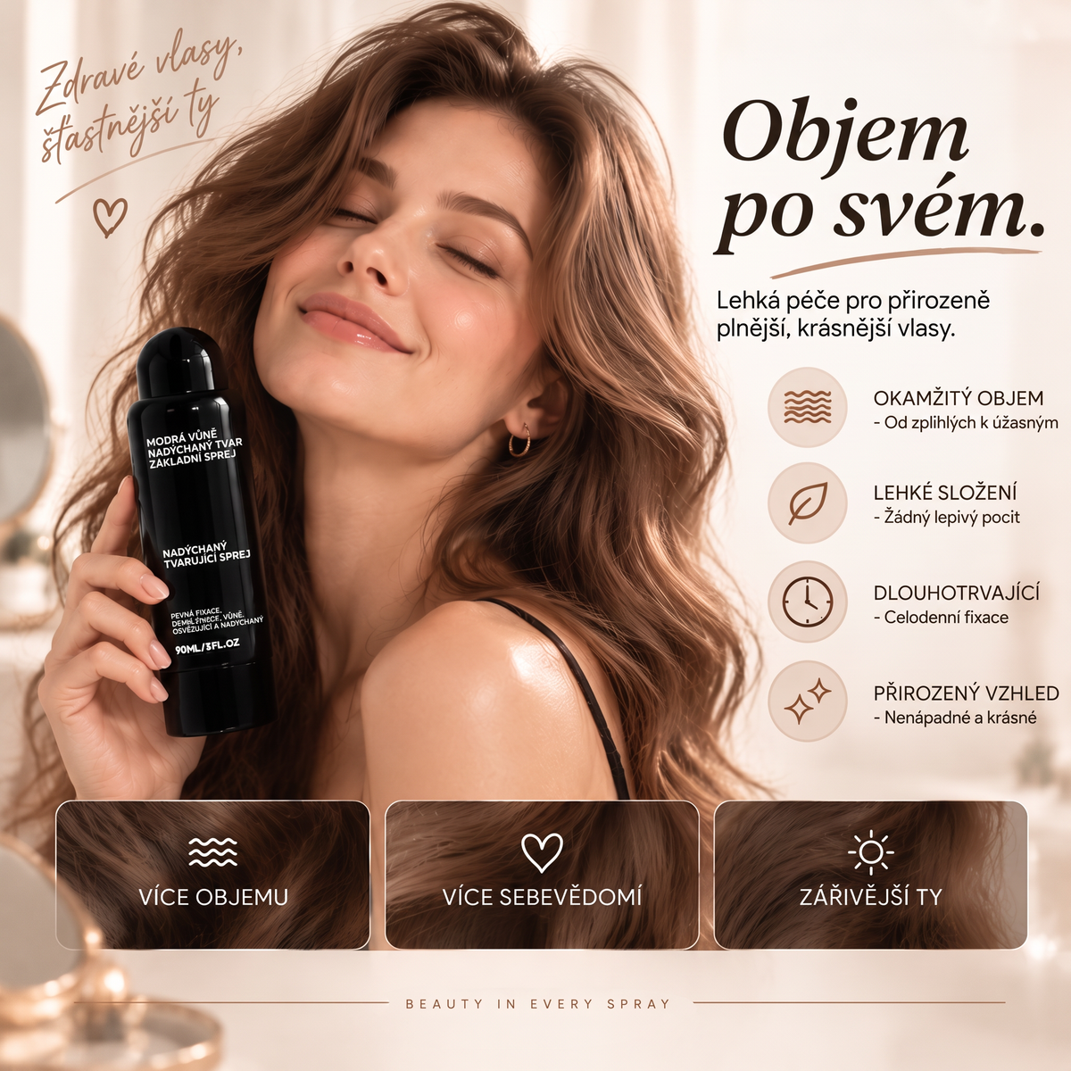 Vitalisys® Tvarovací sprej pro objem vlasů Fluffy Hair – Lehký sprej pro objem od kořínků a přirozený pohyb s broskvovou vůní 💖