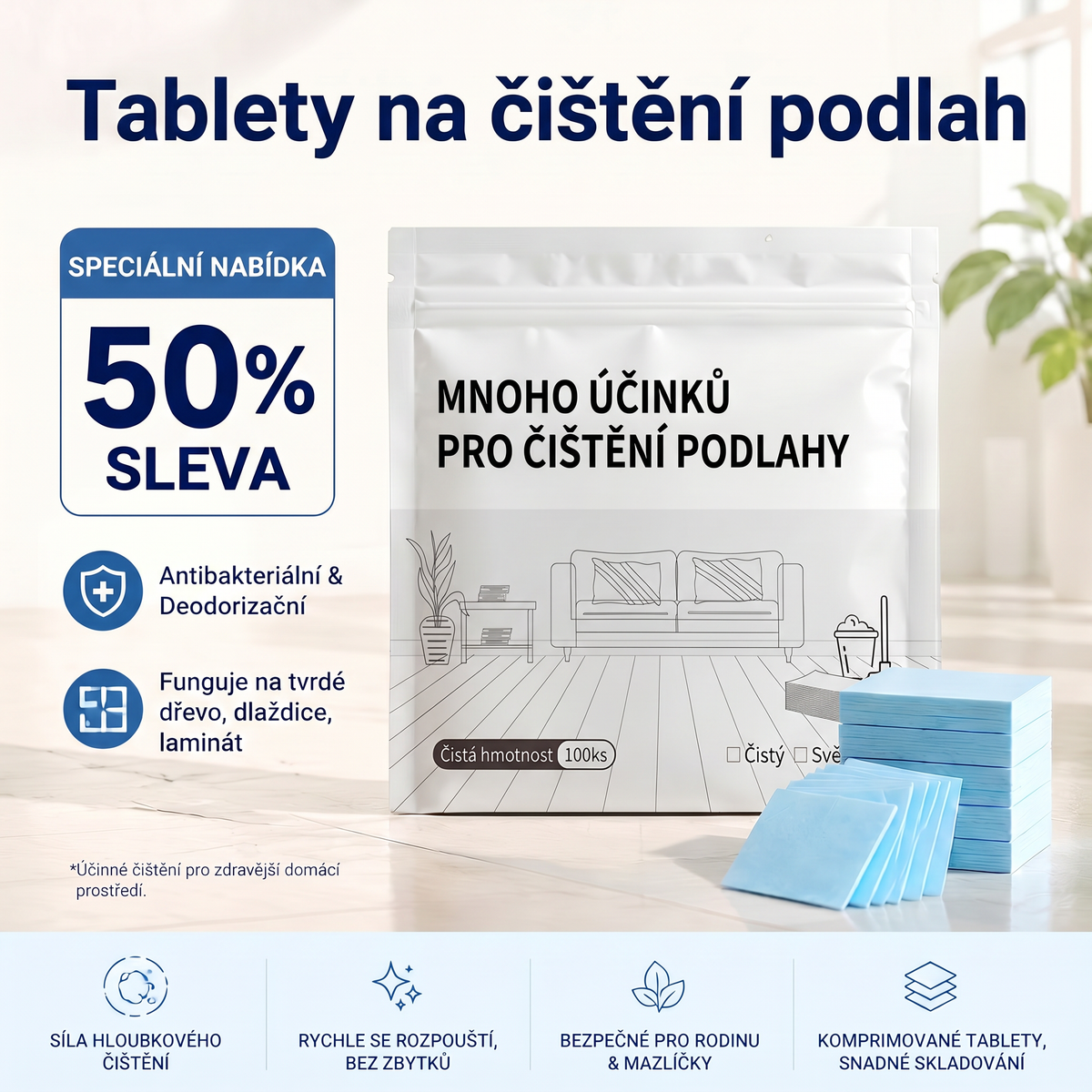 PKNEW® Tabletki czyszczące do podłóg – Uniwersalny środek czyszczący do powierzchni drewnianych, laminowanych i płytek, a także ścian pojazdów kempingowych, działanie antybakteryjne i dezodoryzujące 🌷