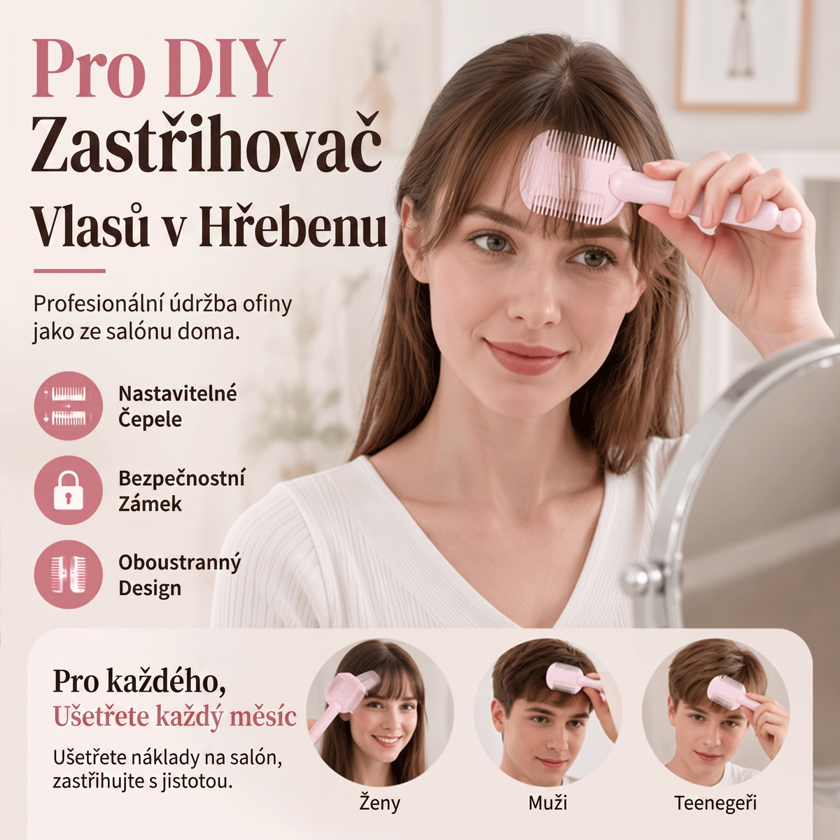 🍭Vyhněte se kadeřnickým úpravám✂️ 4stupňový hřeben pro zastřihování a ředění vlasů – snadná ofina, tvarování a úprava vlasů doma