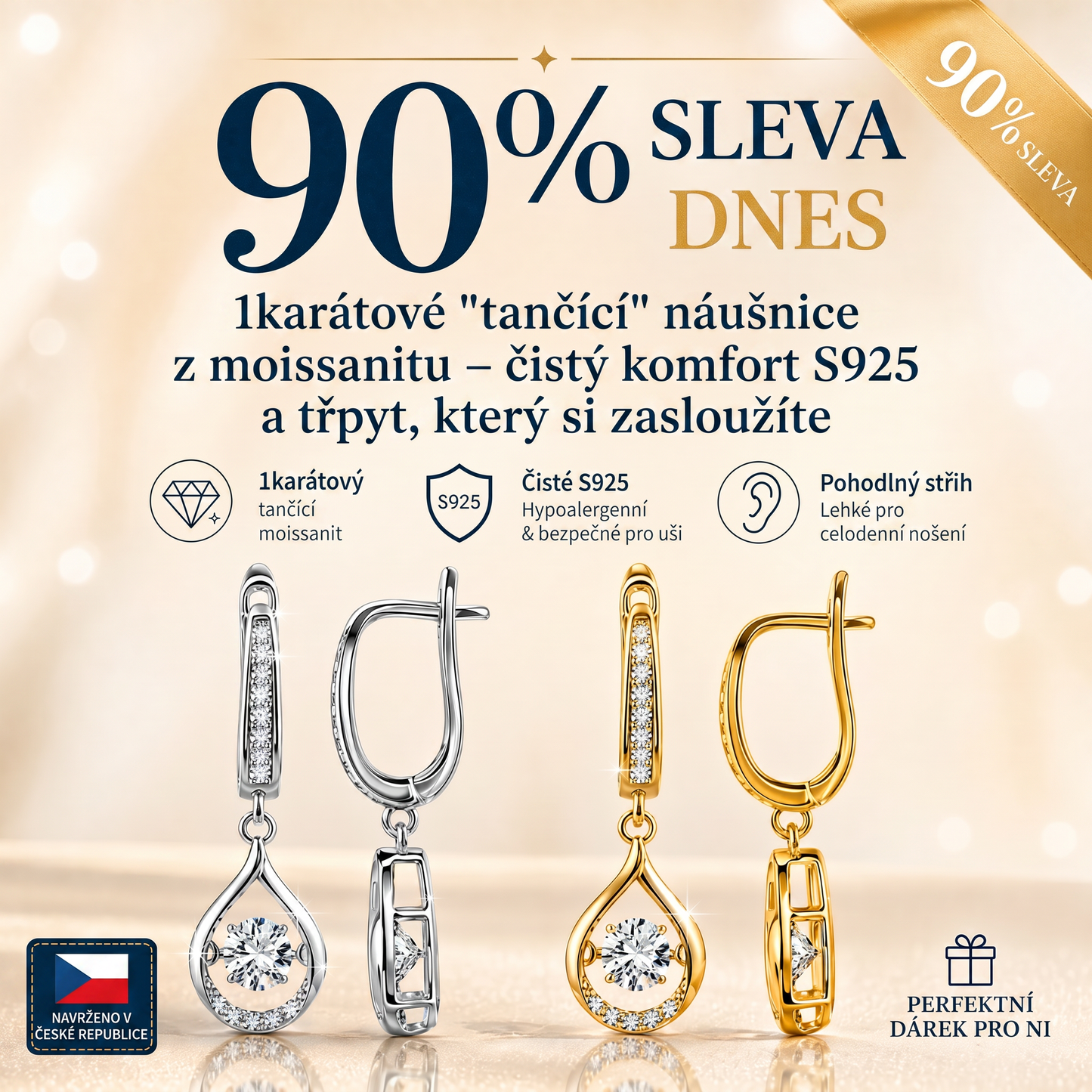 🌈🌈 DNES SLEVA 90 %✨: 1karátové „tančící“ náušnice z moissanitu – čistý komfort a třpyt stříbra S925, který si zasloužíte 💎