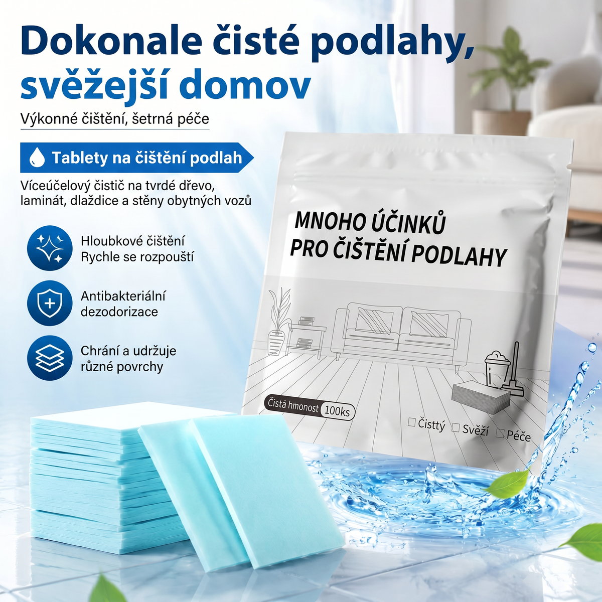 PKNEW® Tabletki czyszczące do podłóg – Uniwersalny środek czyszczący do powierzchni drewnianych, laminowanych i płytek, a także ścian pojazdów kempingowych, działanie antybakteryjne i dezodoryzujące 🌷