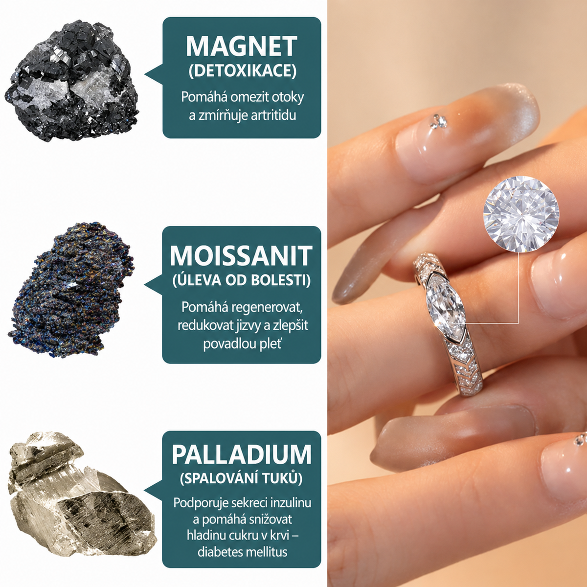 Diamantový prsten s moissanitem a magnetickou strukturou CZTICLE®